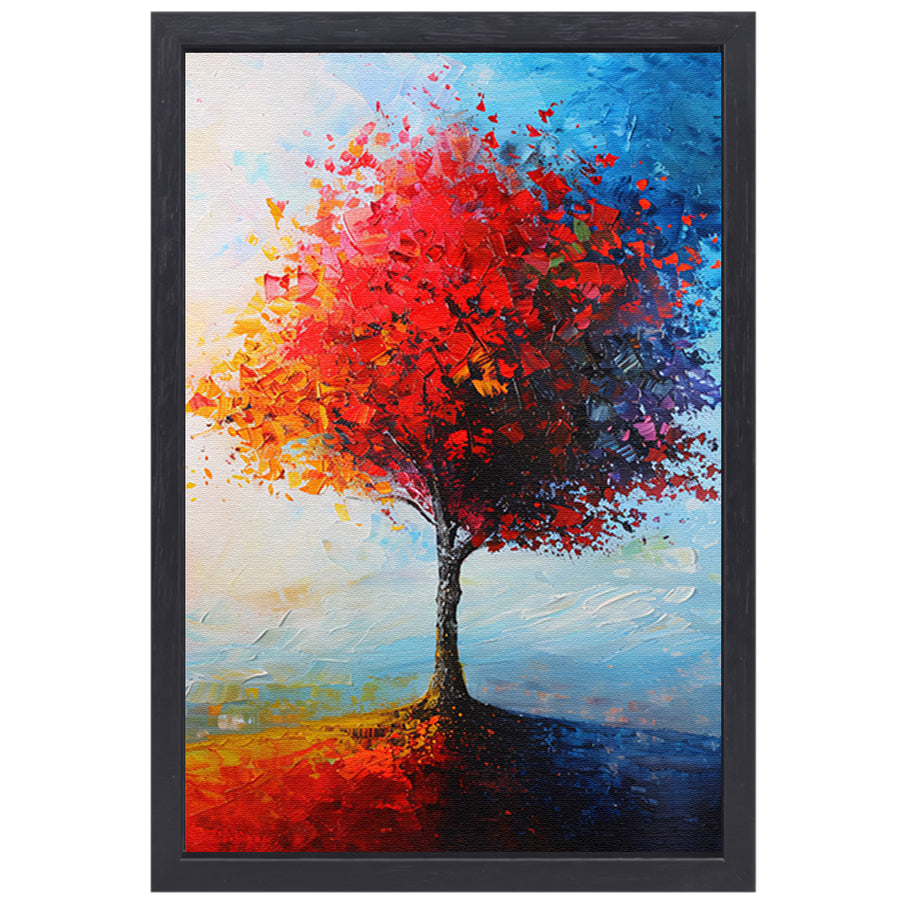 Expressieve kleurrijke boom met rode en oranje tinten canvas met baklijst