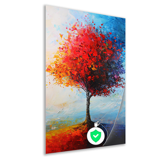 Expressieve kleurrijke boom met rode en oranje tinten poster