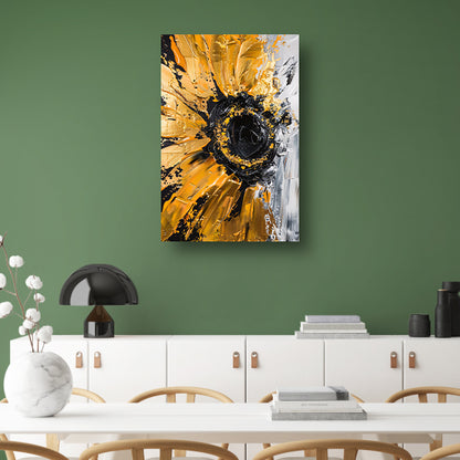 Abstracte zonnebloem in zwart, goud, oranje en wit poster