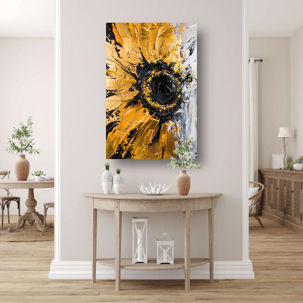 Abstracte zonnebloem in zwart, goud, oranje en wit poster