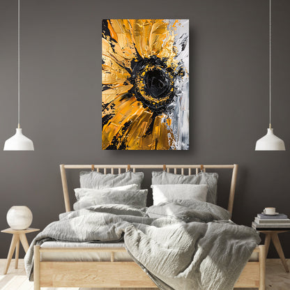 Abstracte zonnebloem in zwart, goud, oranje en wit poster
