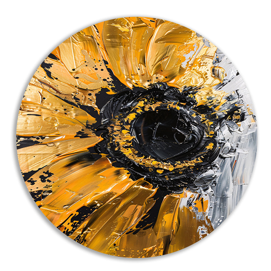 Abstracte zonnebloem in zwart, goud, oranje en wit forex muurcirkel