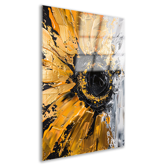 Abstracte zonnebloem in zwart, goud, oranje en wit acrylglas