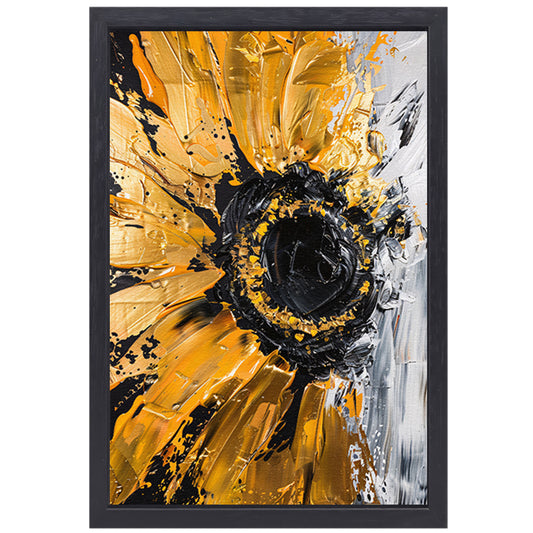 Abstracte zonnebloem in zwart, goud, oranje en wit canvas met baklijst