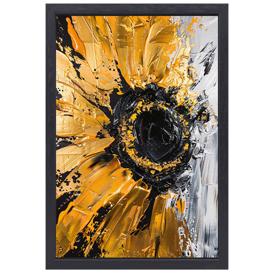 Abstracte zonnebloem in zwart, goud, oranje en wit canvas met baklijst