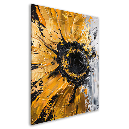 Abstracte zonnebloem in zwart, goud, oranje en wit canvas