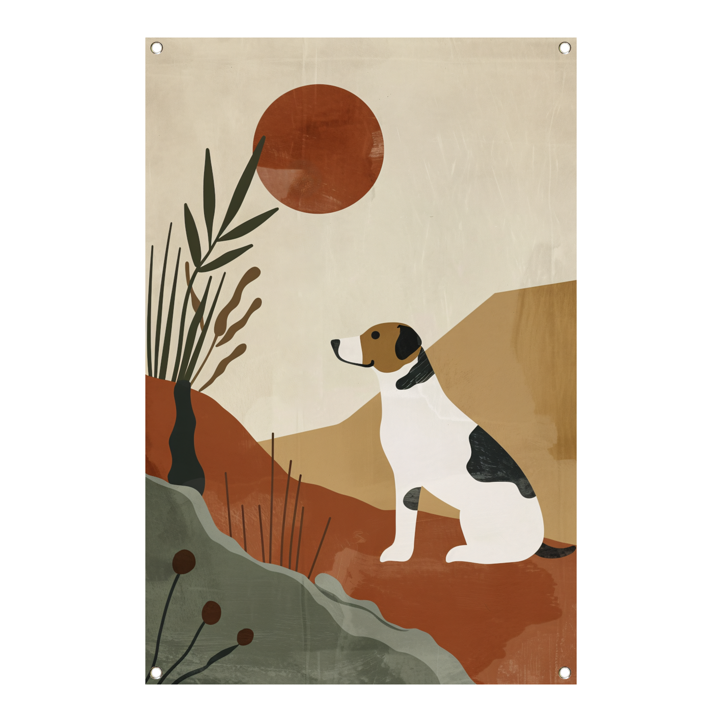 Stilistische hond en planten tegen rode zon tuinposter