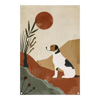 Stilistische hond en planten tegen rode zon tuinposter