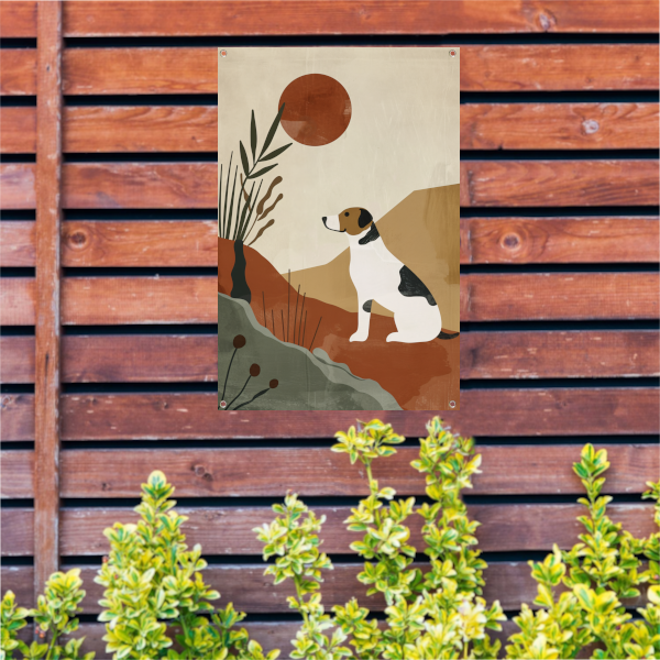 Stilistische hond en planten tegen rode zon tuinposter