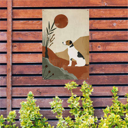 Stilistische hond en planten tegen rode zon tuinposter