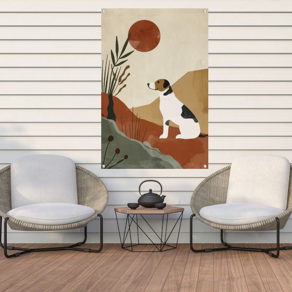Stilistische hond en planten tegen rode zon tuinposter