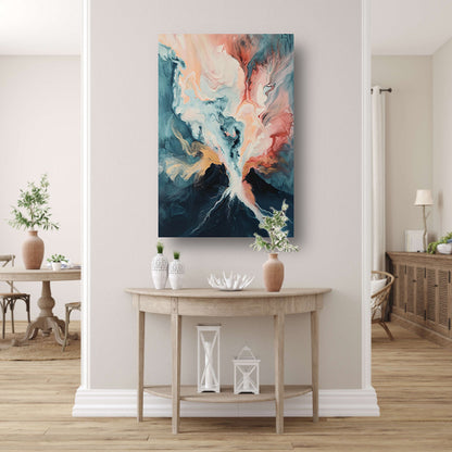 Abstracte vulkaanexplosie in dynamische kleuren canvas met baklijst