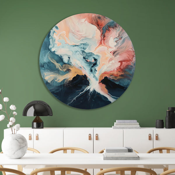 Abstracte vulkaanexplosie in dynamische kleuren aluminium muurcirkel