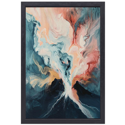 Abstracte vulkaanexplosie in dynamische kleuren canvas met baklijst