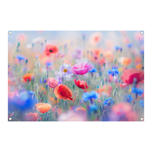 Veld vol met kleurrijke bloemen en natuur tuinposter