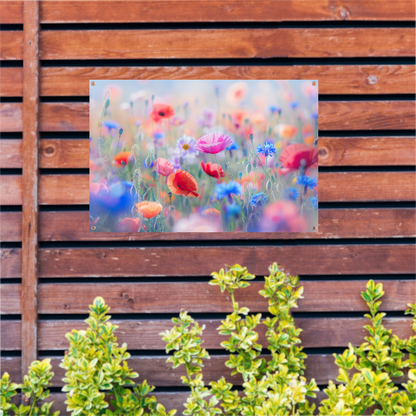 Veld vol met kleurrijke bloemen en natuur tuinposter