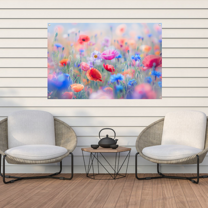 Veld vol met kleurrijke bloemen en natuur tuinposter