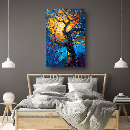 Dynamisch kleurrijk olieverfschilderij van een boom canvas