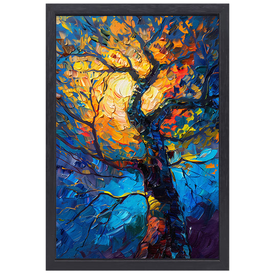 Dynamisch kleurrijk olieverfschilderij van een boom canvas met baklijst