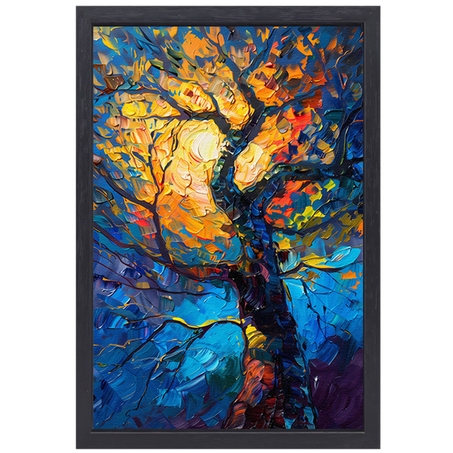 Dynamisch kleurrijk olieverfschilderij van een boom canvas met baklijst