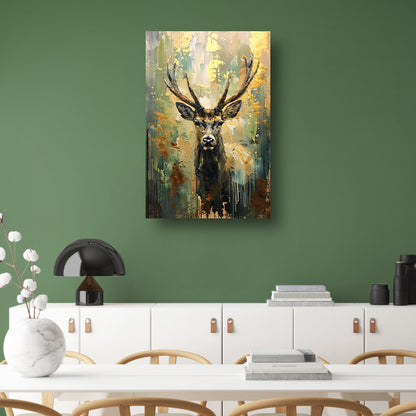 Abstract hertenschilderij met groene en gouden tinten poster