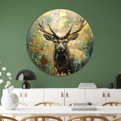 Abstract hertenschilderij met groene en gouden tinten aluminium muurcirkel