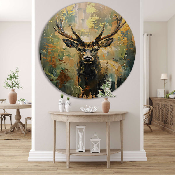 Abstract hertenschilderij met groene en gouden tinten forex muurcirkel