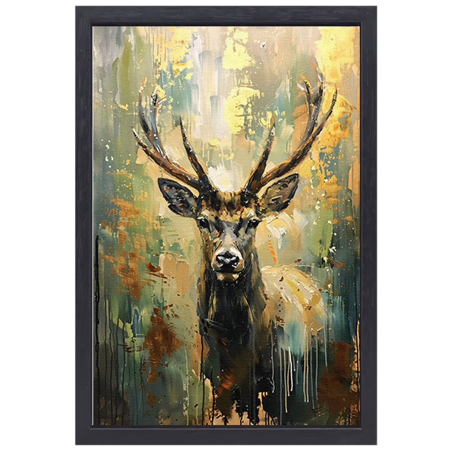 Abstract hertenschilderij met groene en gouden tinten canvas met baklijst