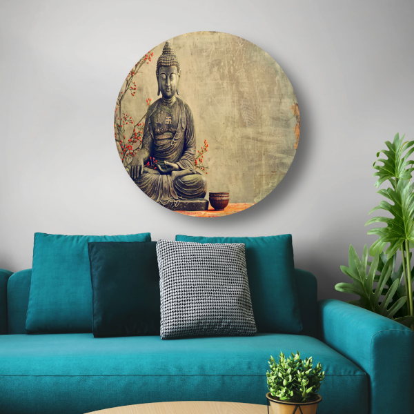 Boeddha met rode bloemen in sepia forex muurcirkel