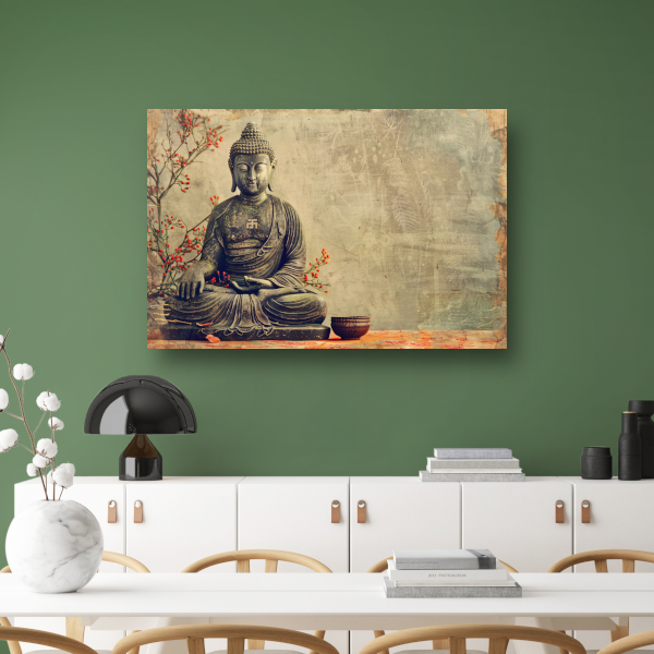 Boeddha met rode bloemen in sepia canvas