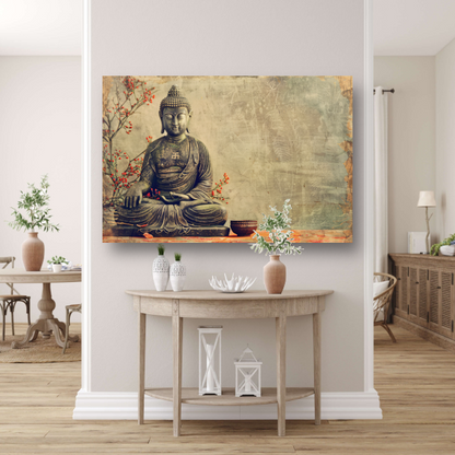 Boeddha met rode bloemen in sepia canvas