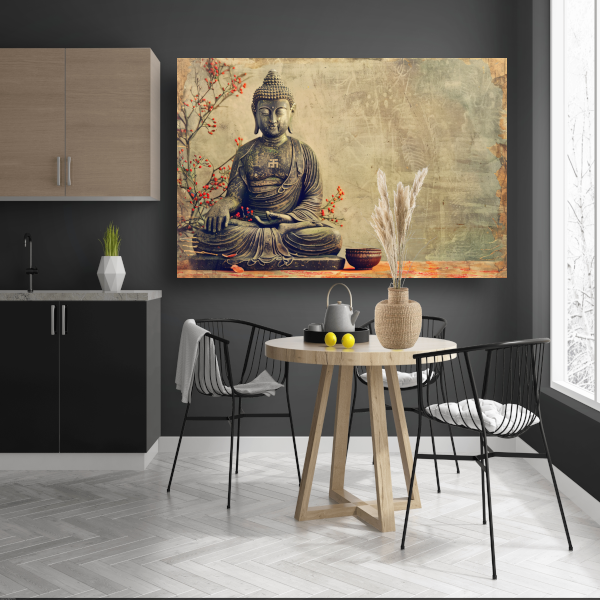 Boeddha met rode bloemen in sepia canvas
