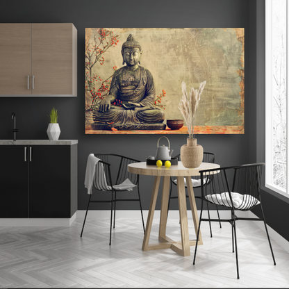 Boeddha met rode bloemen in sepia canvas