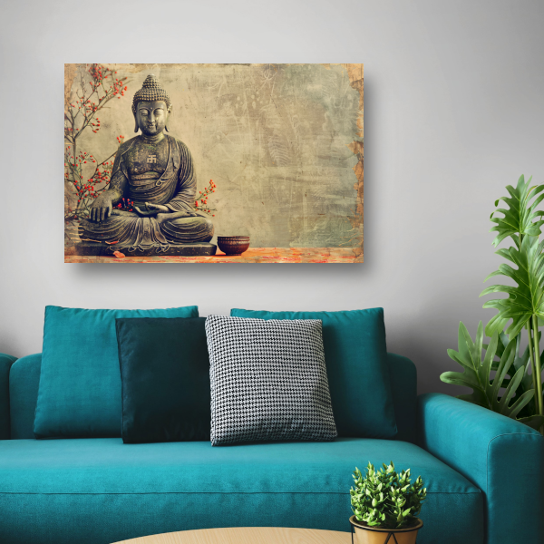 Boeddha met rode bloemen in sepia canvas