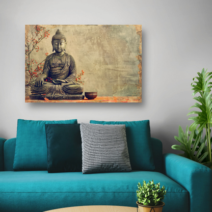 Boeddha met rode bloemen in sepia canvas