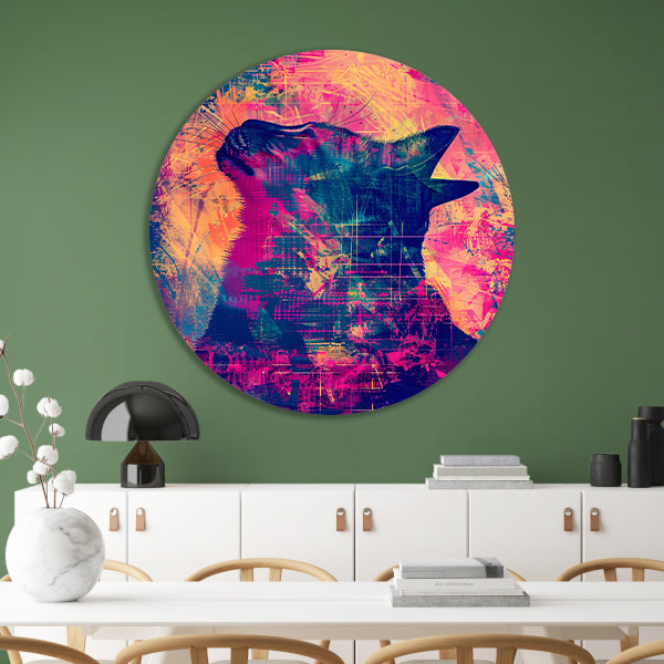Digitale kunst van kat in levendige kleuren aluminium muurcirkel