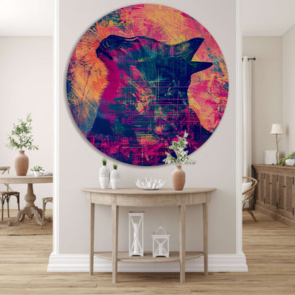 Digitale kunst van kat in levendige kleuren aluminium muurcirkel