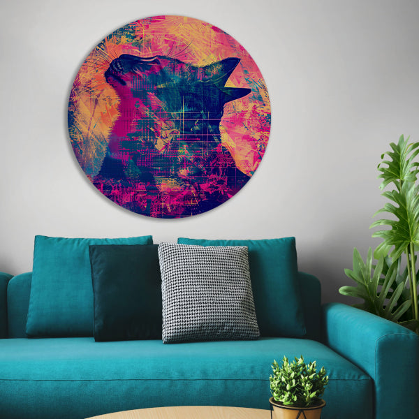 Digitale kunst van kat in levendige kleuren aluminium muurcirkel