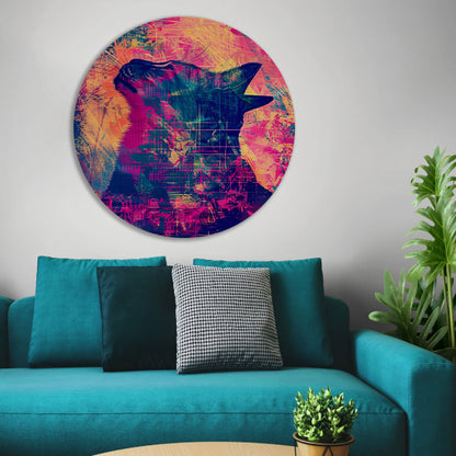 Digitale kunst van kat in levendige kleuren aluminium muurcirkel