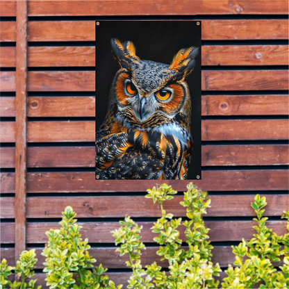 Hyperrealistische Uil met Intense Ogen en Kleurrijke Veren tuinposter