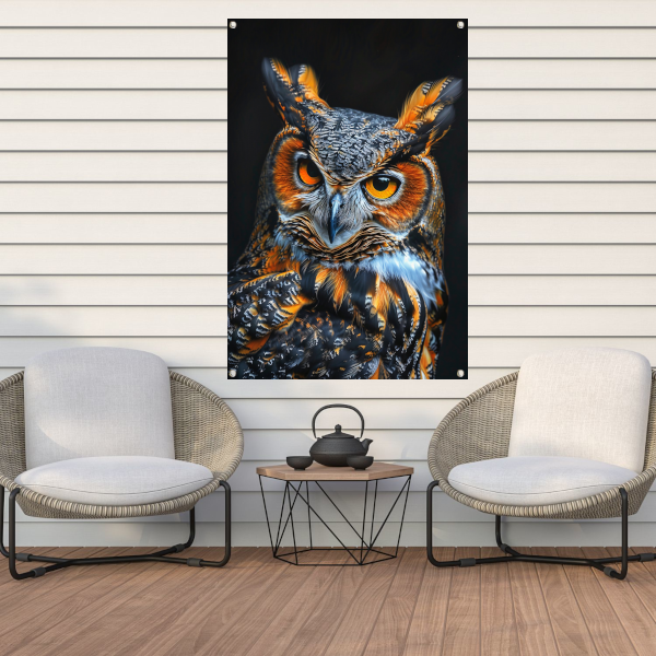Hyperrealistische Uil met Intense Ogen en Kleurrijke Veren tuinposter