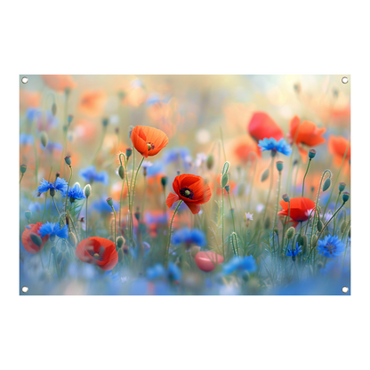 Een sereen veld van bloemen in pastelkleuren tuinposter