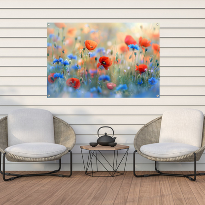 Een sereen veld van bloemen in pastelkleuren tuinposter