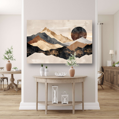 Abstracte Geometrische Bergen in Sepia canvas met baklijst