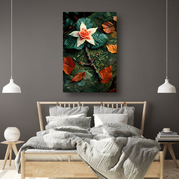 Bloem met juwelen op bed van stenen canvas met baklijst