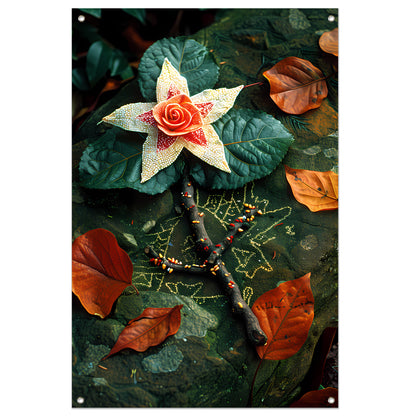 Bloem met juwelen op bed van stenen tuinposter