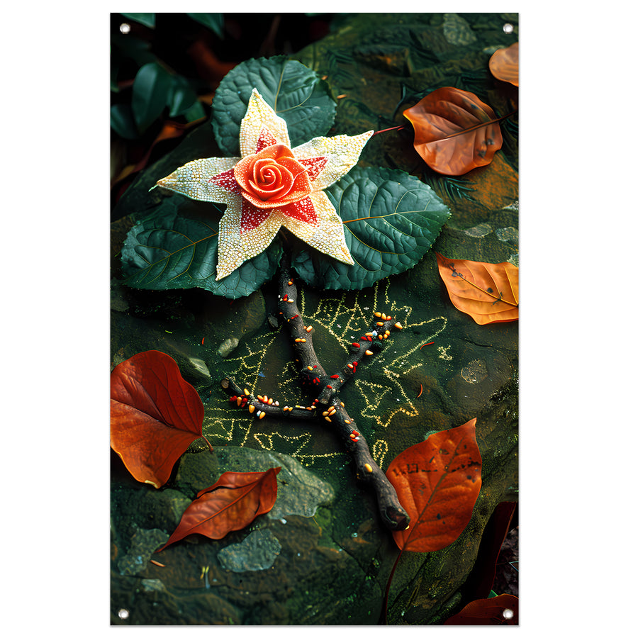 Bloem met juwelen op bed van stenen tuinposter