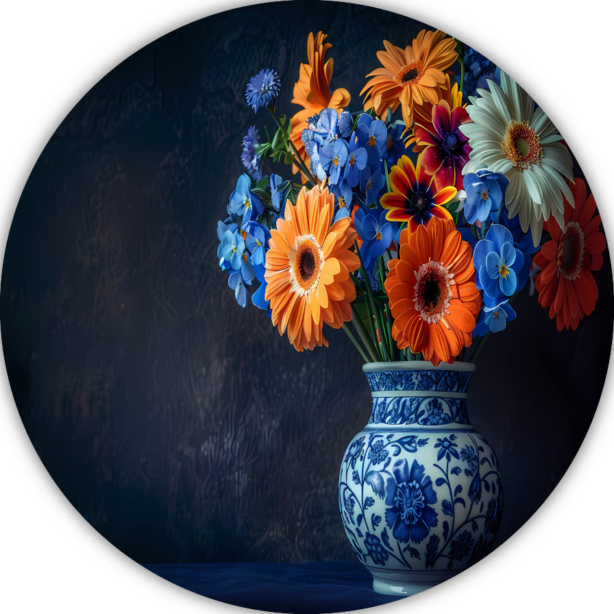 Elegante Bloemensamenstelling in Delfts Blauwe Vaas aluminium muurcirkel