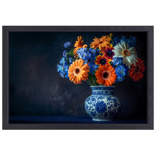 Elegante Bloemensamenstelling in Delfts Blauwe Vaas canvas met baklijst