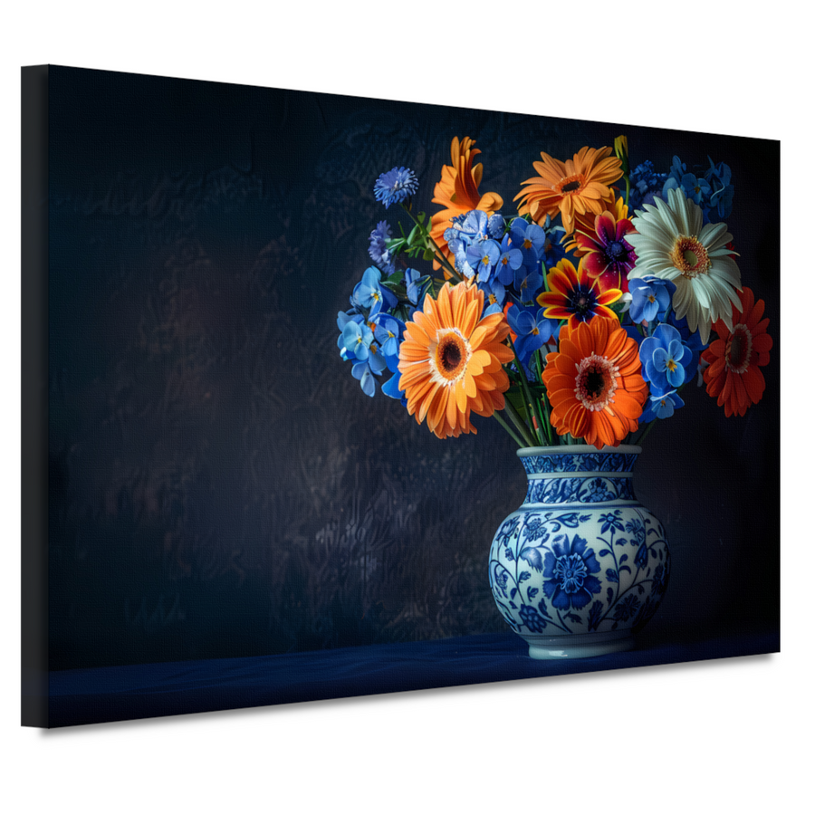 Elegante Bloemensamenstelling in Delfts Blauwe Vaas canvas
